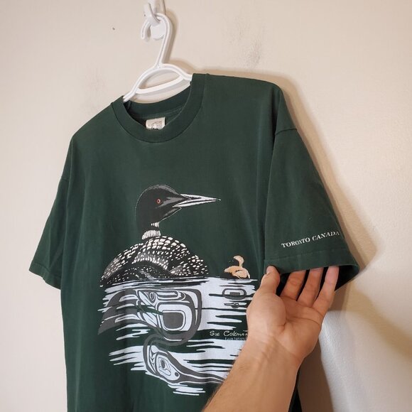 Vintage 90s Loon Nature Graphic Shirt Green Size XL - Picture 3 of 4